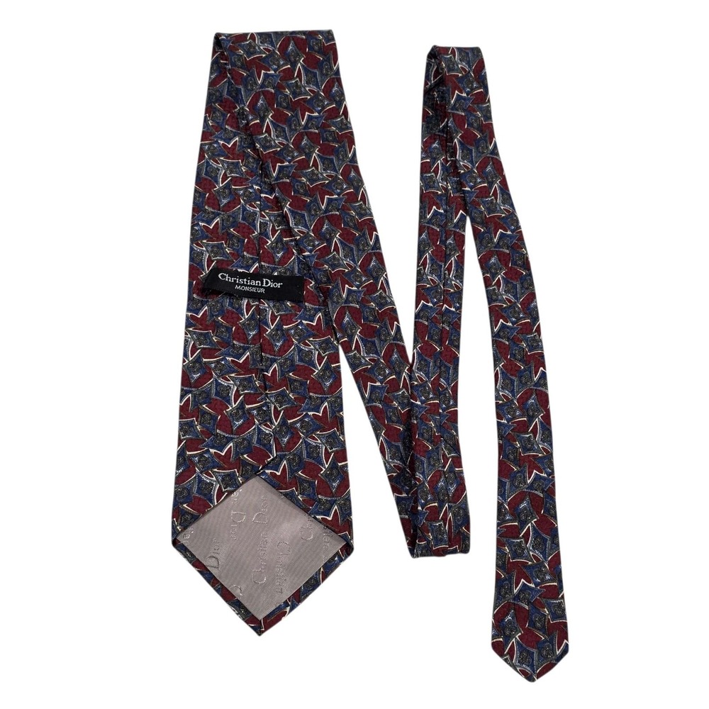 Christian Dior Monsieur Silk Tie‎ Burgundy Blue Geometric Pattern Luxury Necktie